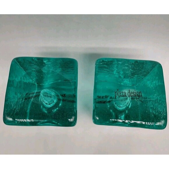 FIRE & LIGHT Recycled Art Glass 2.5" Aqua Blue Green Candlesticks - Picture 6 of 7